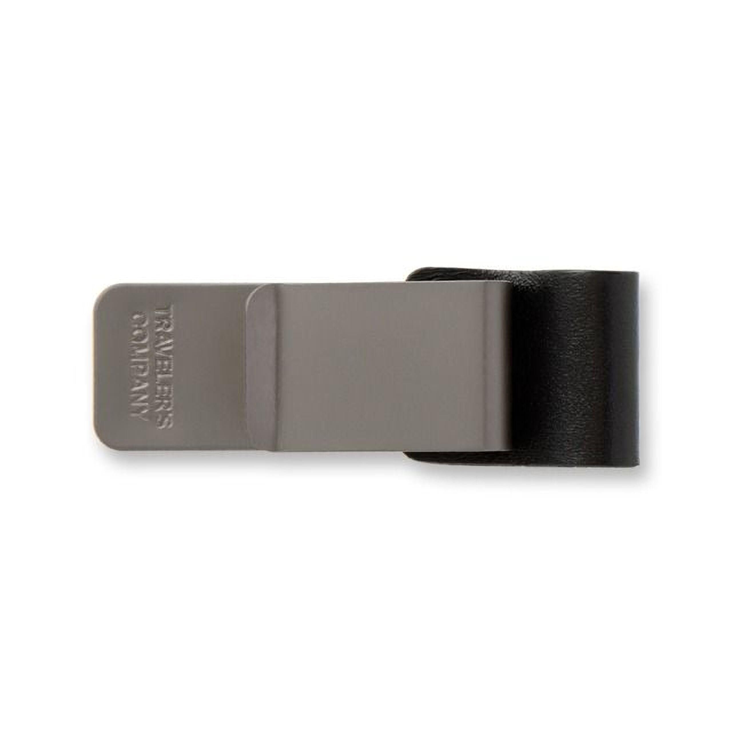 A metal money clip with a black leather strap.