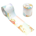 a roll of decorative tape with a colorful, nature-inspired design, including images of mountains, leaves, and birds.