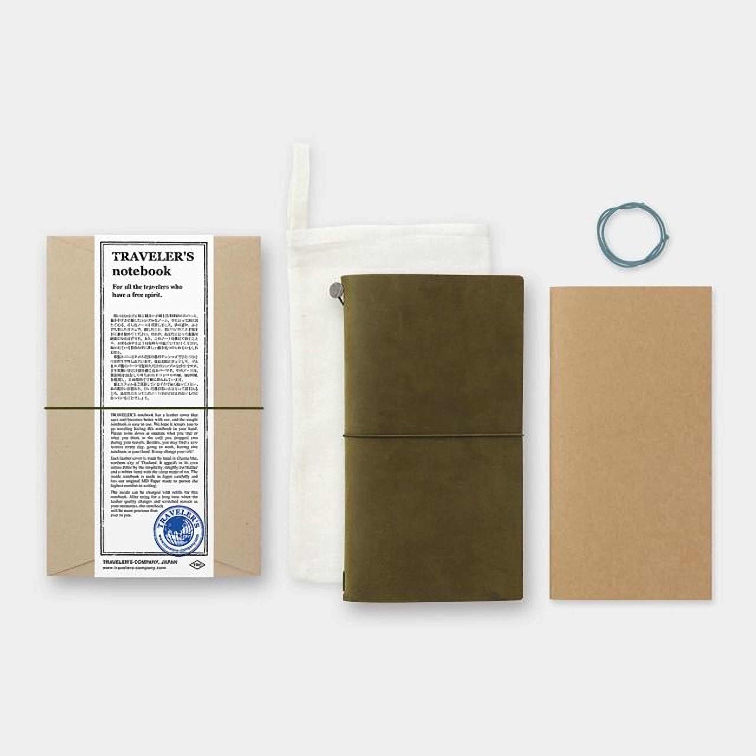 a set of travel-related items, including a brown notebook, a white cloth, and a brown piece of paper, all arranged on a white background.