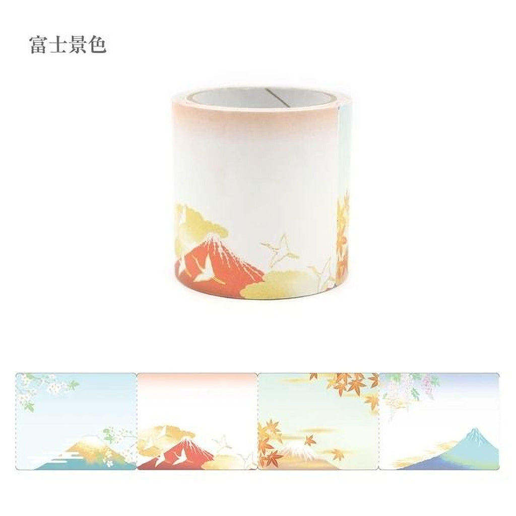 A cylindrical object with a colorful design featuring mountains, birds, and leaves, along with a series of smaller images depicting similar landscapes.