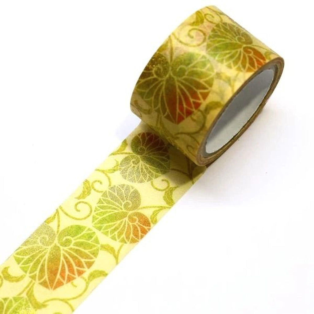 A roll of yellow and green floral patterned tape is shown against a white background.