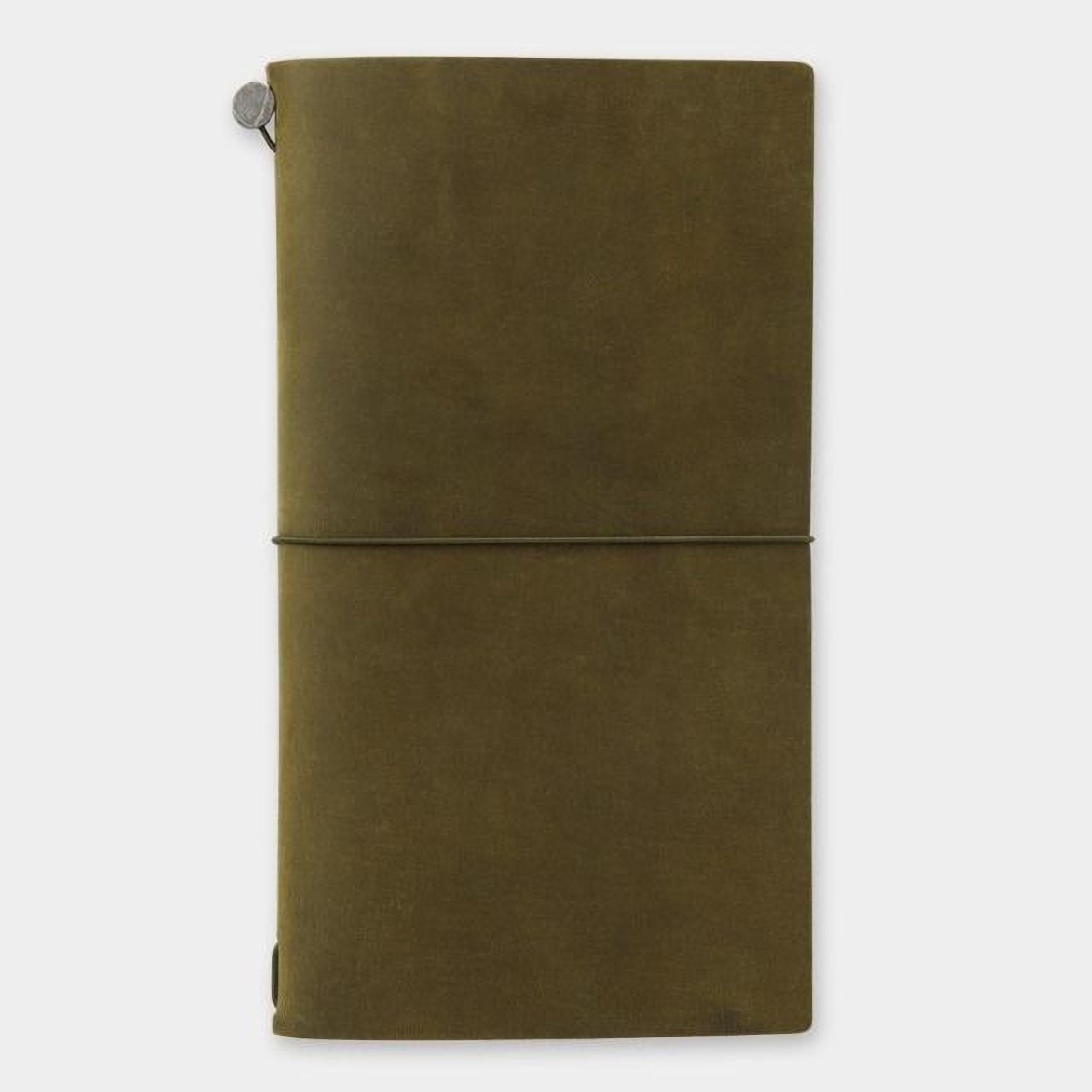 a large, green, leather-like notebook or journal with a metal clasp on the top left corner.