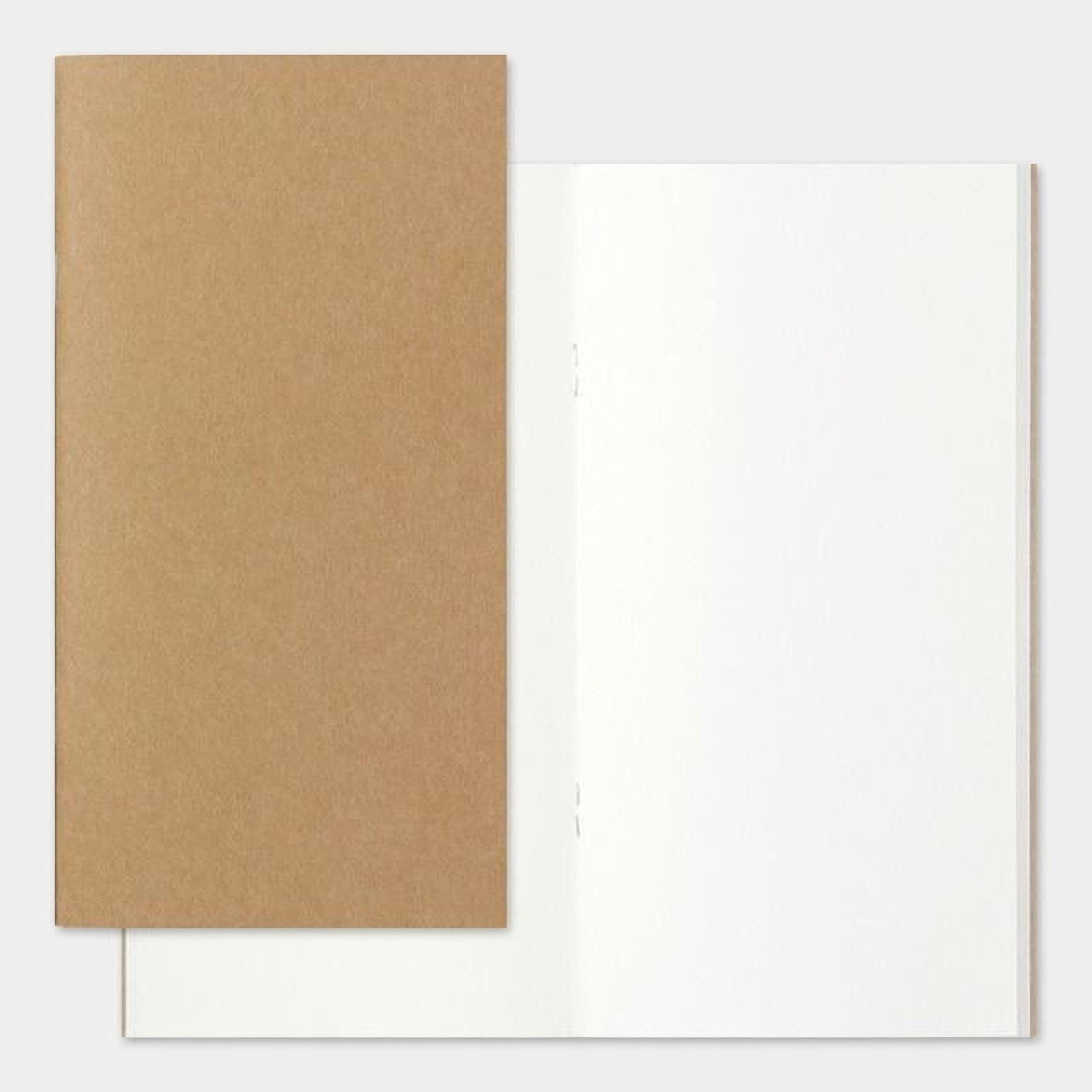 a brown notebook and an open blank white notebook against a plain white background.