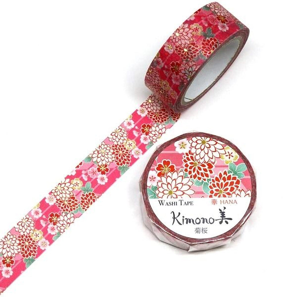 a roll of red and white floral patterned washi tape and a second roll of the same type of tape.