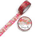 a roll of red and white floral patterned washi tape and a second roll of the same type of tape.