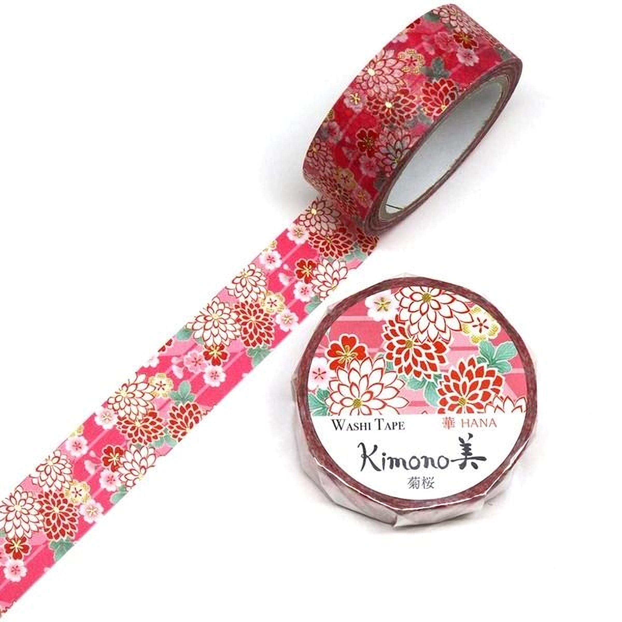 a roll of red and white floral patterned washi tape and a second roll of the same type of tape.