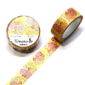 a roll of yellow and pink floral patterned washi tape and a round yellow and pink floral patterned washi tape roll.