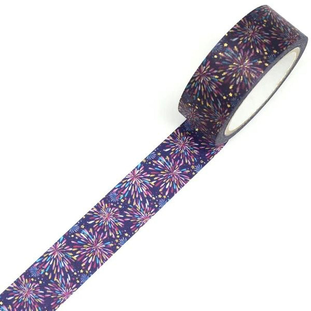 A roll of colorful patterned tape with a fireworks design on it.
