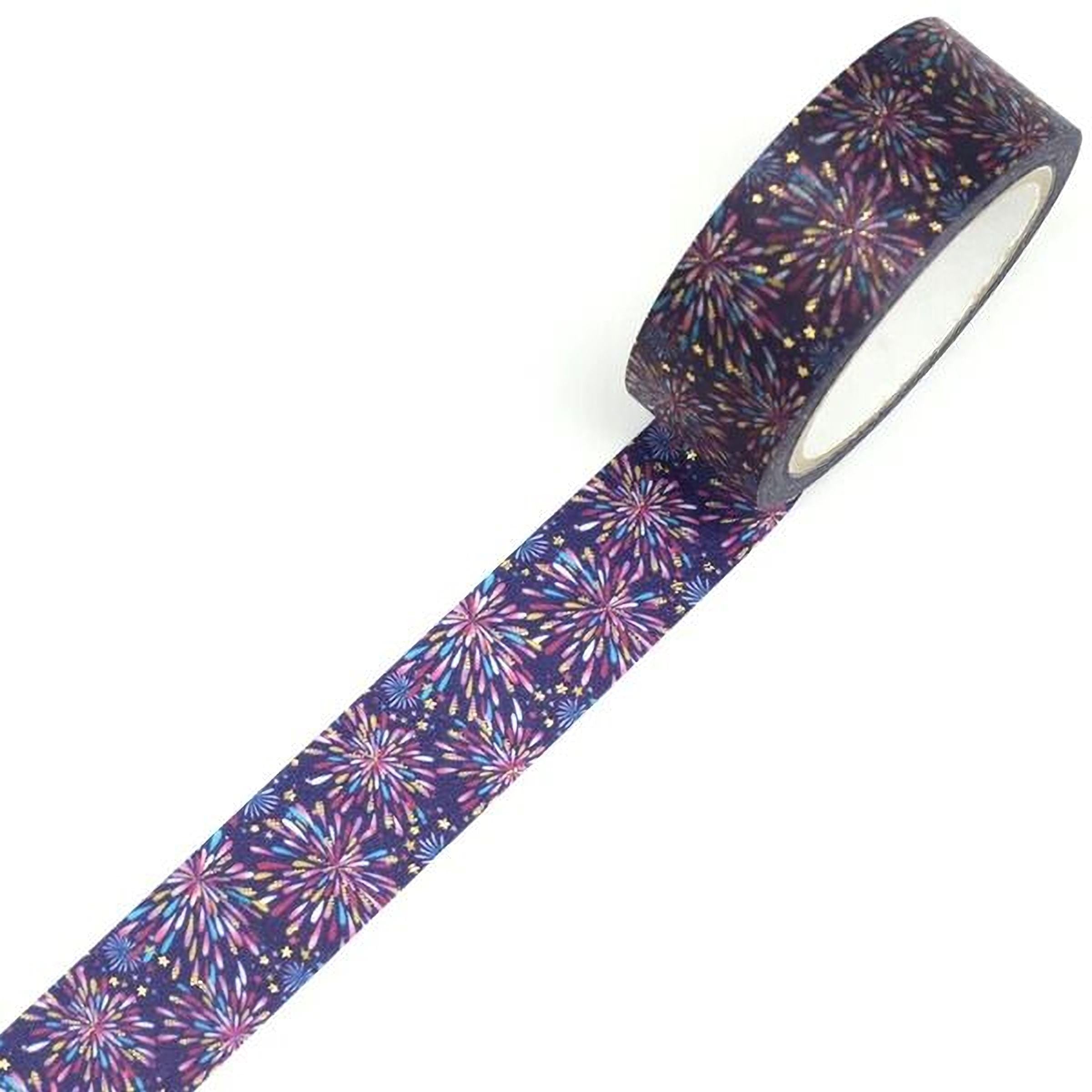 A roll of colorful patterned tape with a fireworks design on it.