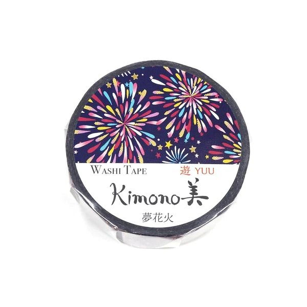 A round, black and white label for a product called Kimono Washi Tape, featuring a colorful design with fireworks and stars.