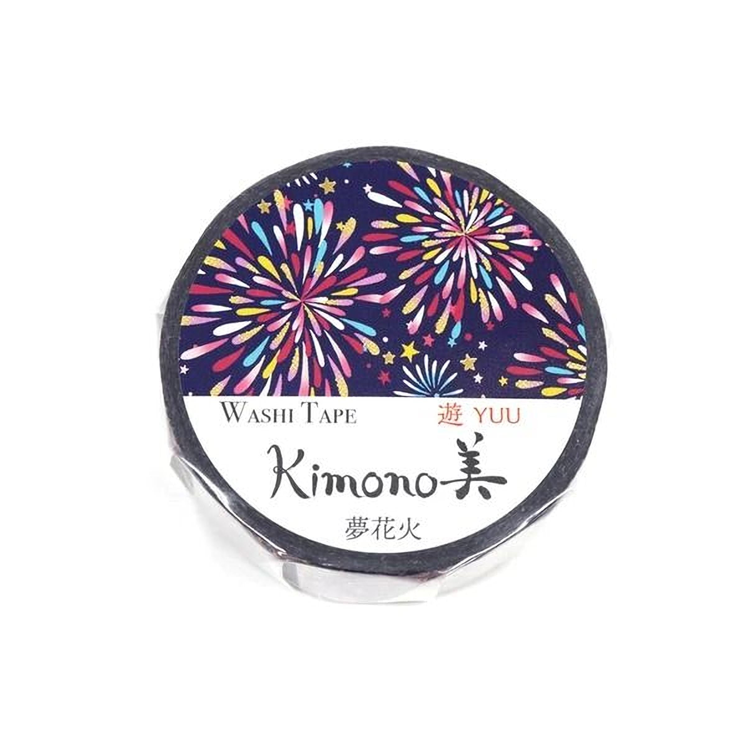 A round, black and white label for a product called Kimono Washi Tape, featuring a colorful design with fireworks and stars.