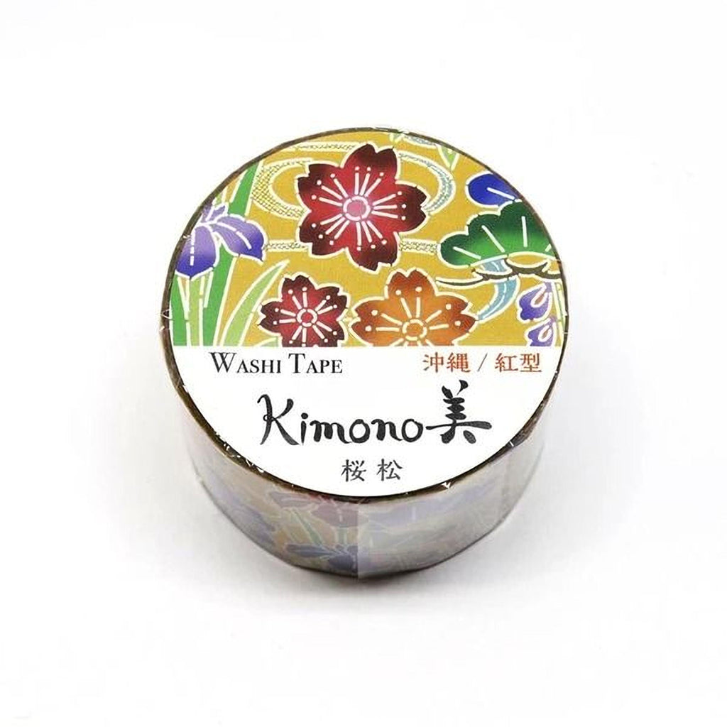 A round container of Washi tape with a floral design and Japanese characters on it.