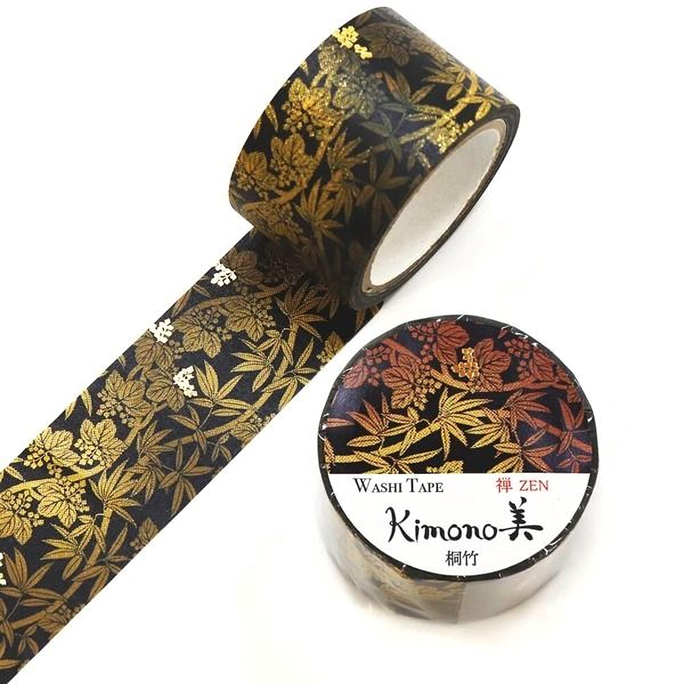 a roll of washi tape with a floral pattern in gold and black colors, and a round container with a label that reads "Kimono-ZEN" and "WASHI TAPE".