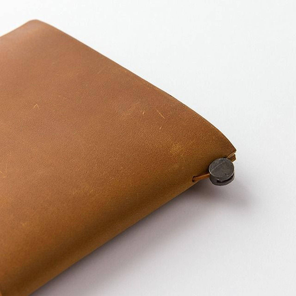 A close-up view of a brown leather-like material, possibly a wallet or notebook cover, with a small metal clip or clasp attached to the edge.