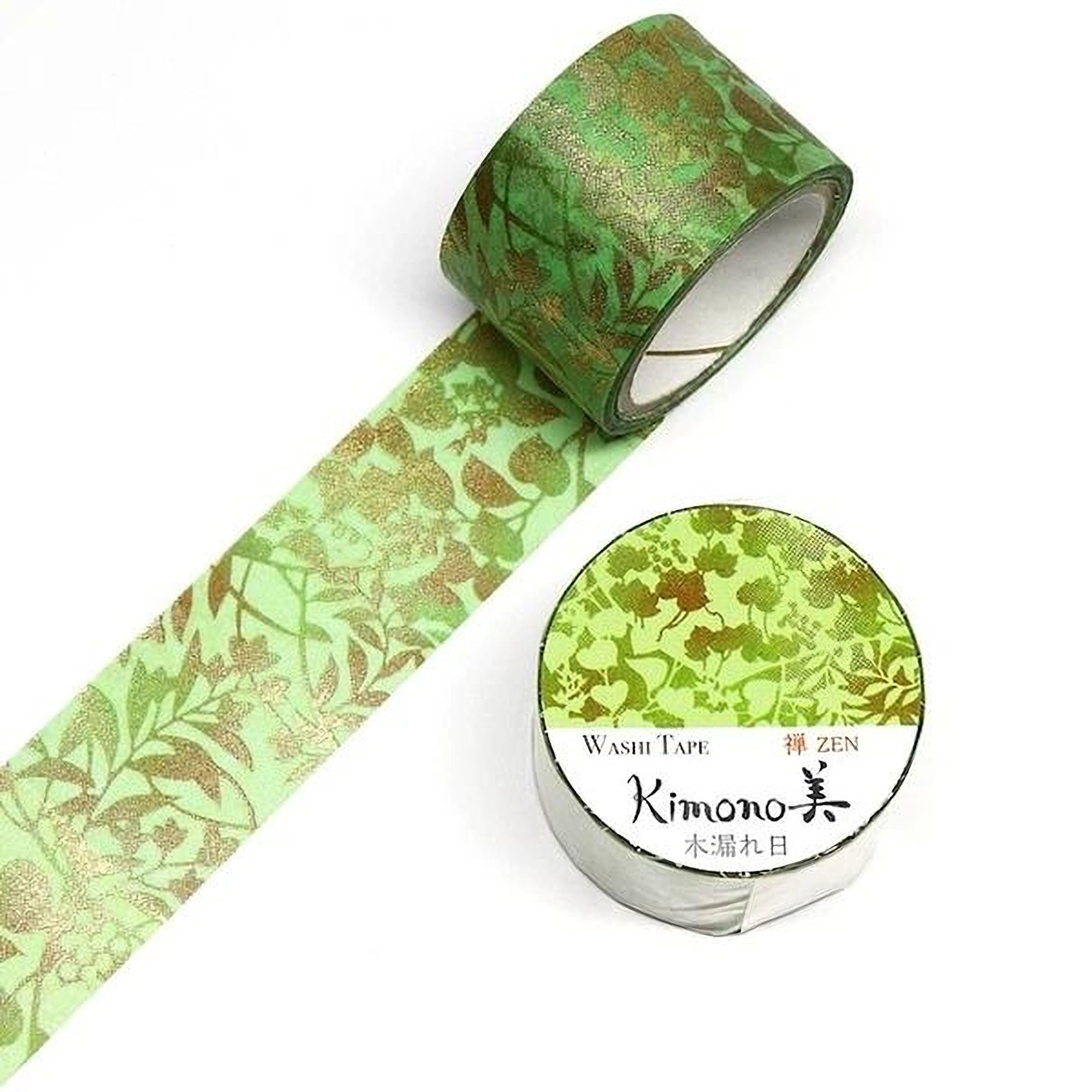 two rolls of washable green and gold metallic tape with a leaf pattern, one roll is placed on top of the other.