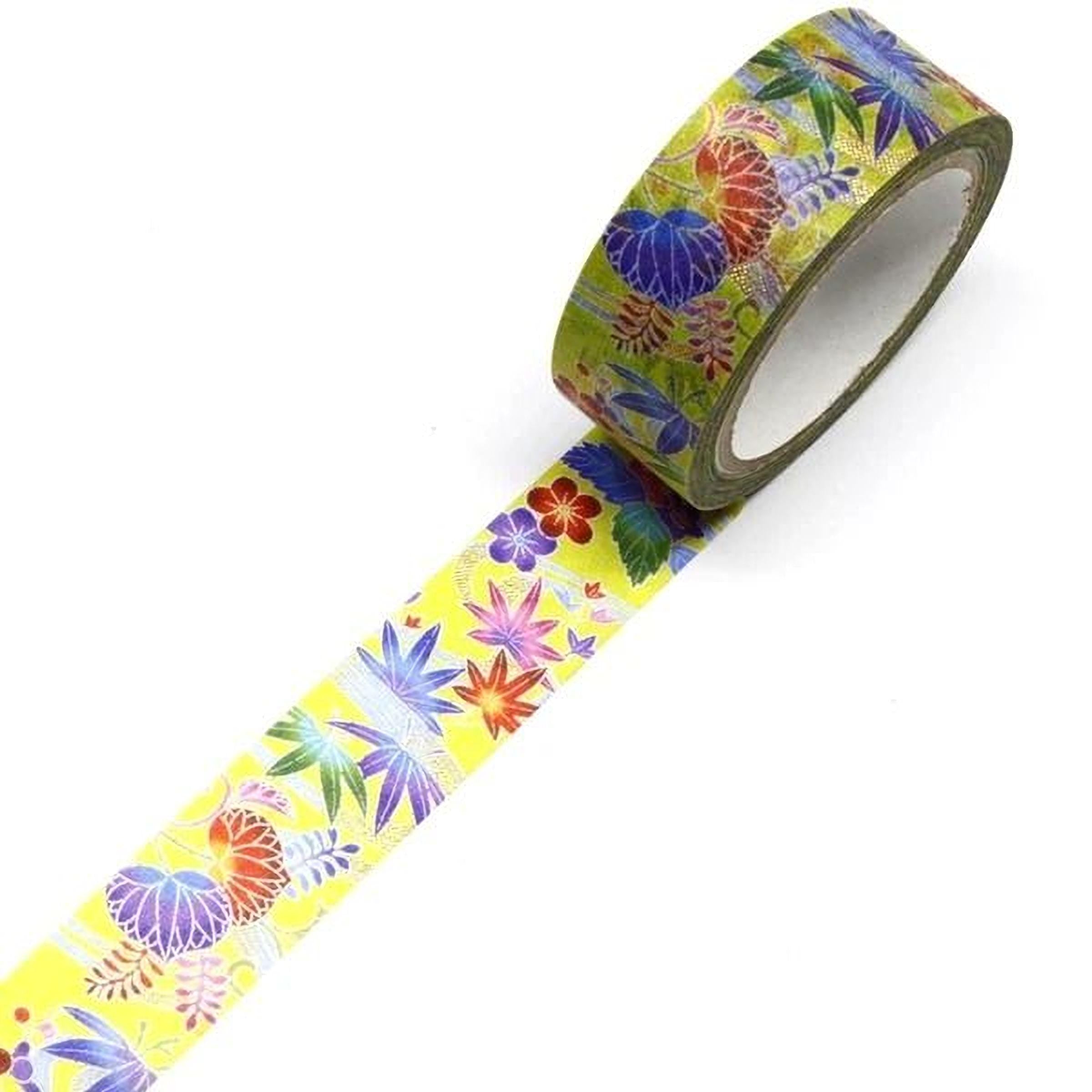 A roll of colorful floral patterned tape is shown against a white background.