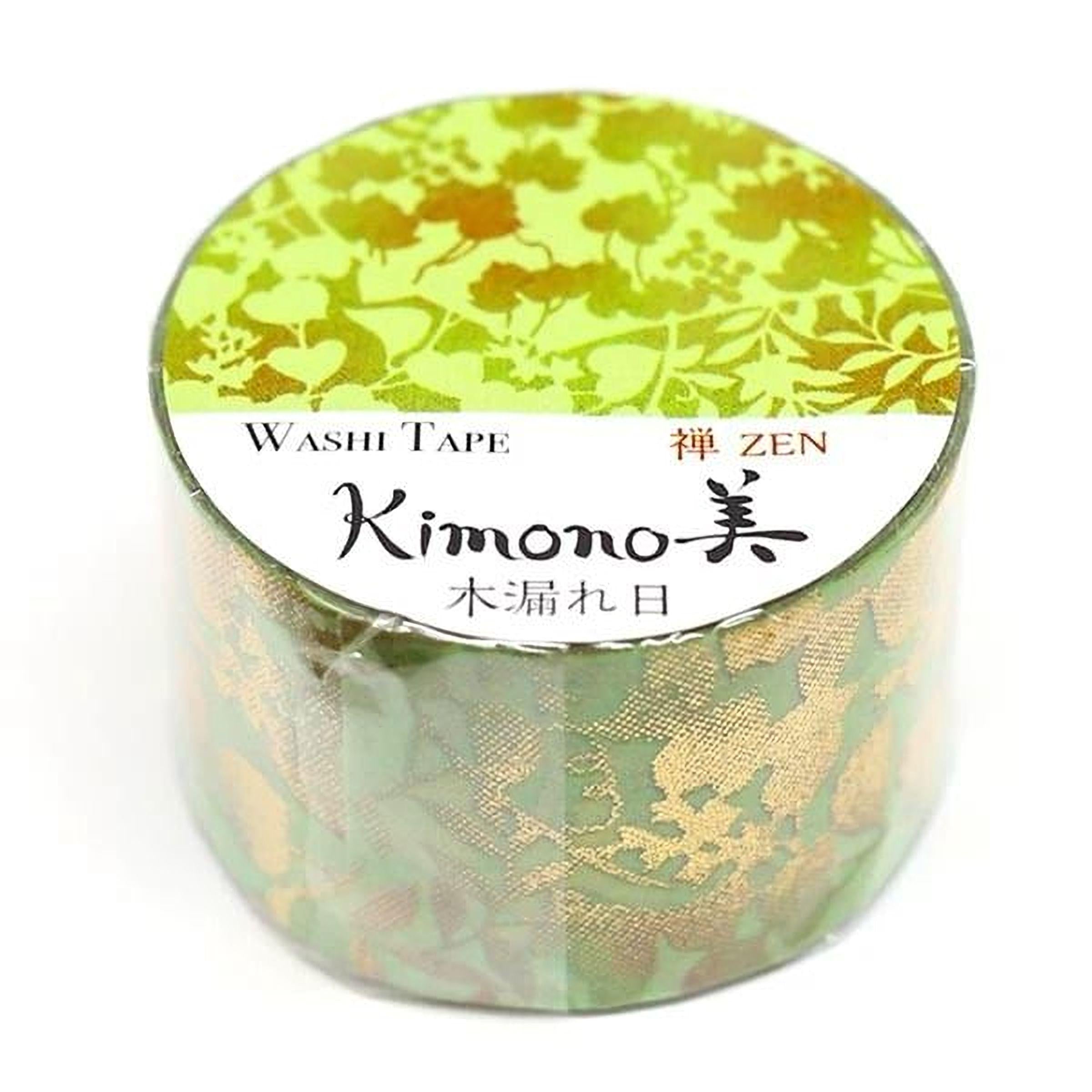 A cylindrical container with a green and gold floral pattern, labeled as a "Washi Tape Zen" product.