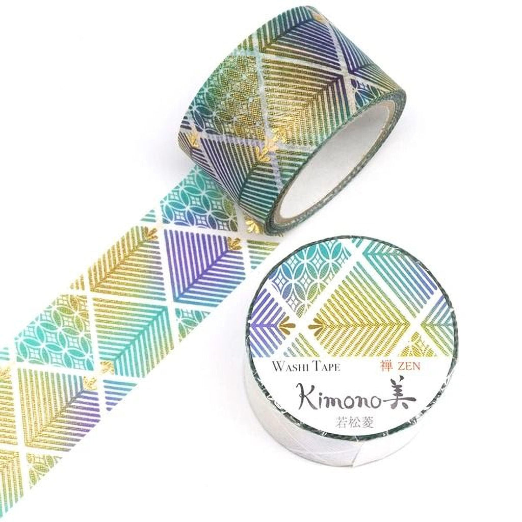 a roll of washi tape with a colorful, geometric pattern and a round container with a label that reads "Kimono" and "WASHI TAPE ZEN".