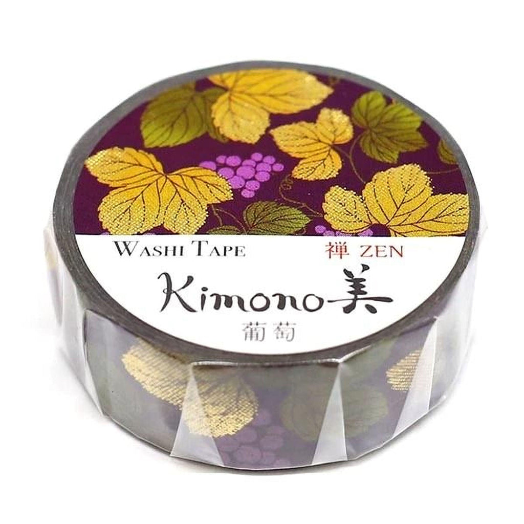 A round, purple and yellow patterned roll of washi tape with the brand name "Kimono" printed on it.