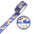 a roll of washable tape with a blue and white pattern of koi fish on it, and a round blue and white label with Japanese text that reads "Kimono" and "YUU".