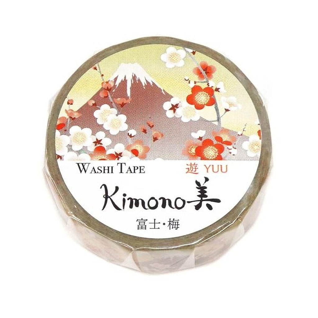 a round, oval-shaped label for a product called "YUU Kimono" that is a type of washable tape. The label has a floral design with a mountain in the background and the text "Washi Tape" and "YU" written on it.
