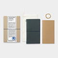 a variety of items related to travel, including a brown paper bag, a black notebook, a white cloth, and a yellow rubber band.