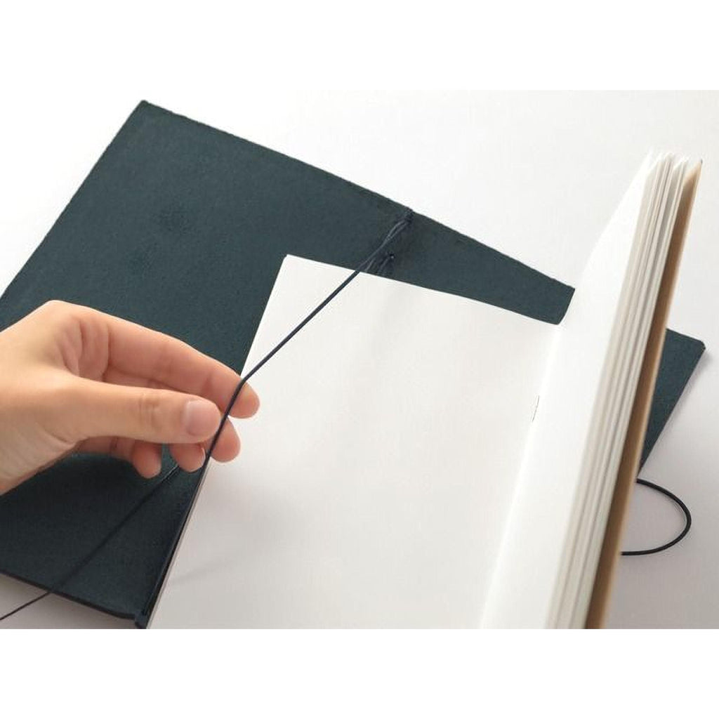 A hand is holding a black string or thread, which is tied to a piece of paper or a notebook, suggesting the person is in the process of closing or securing the notebook.
