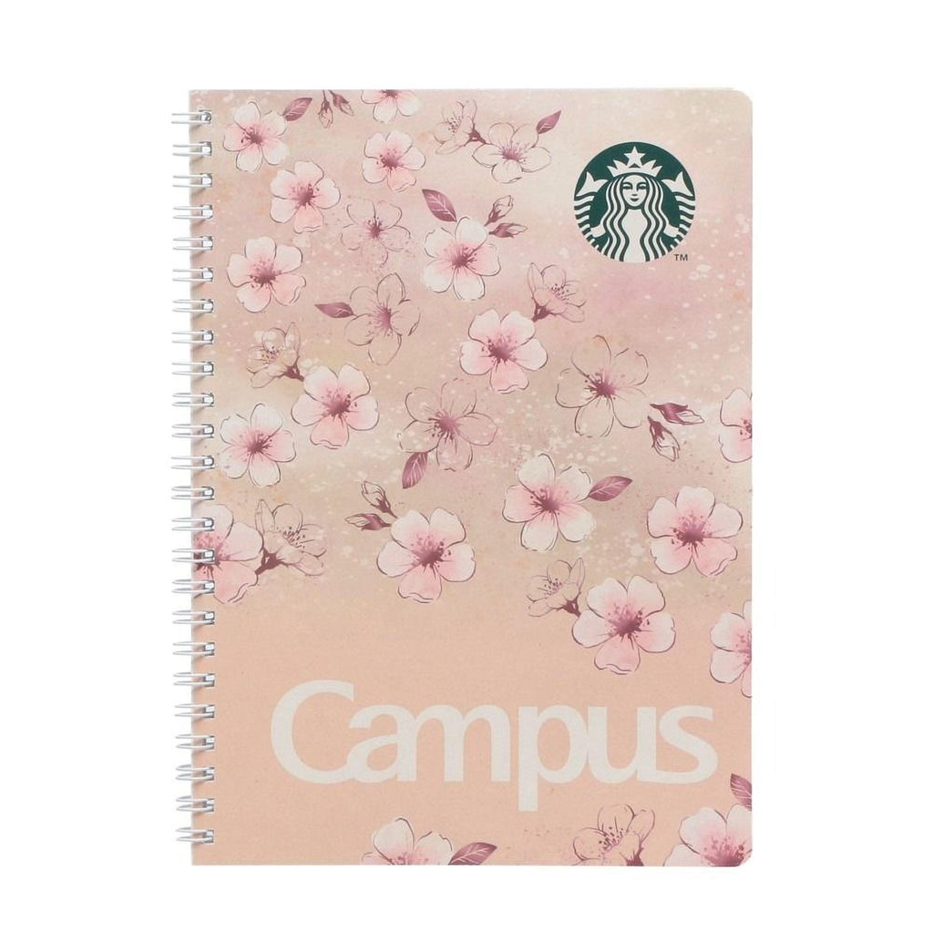 A spiral-bound notebook with a pink floral pattern and the word "Campus" printed on the cover.