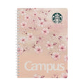 A spiral-bound notebook with a pink floral pattern and the word "Campus" printed on the cover.