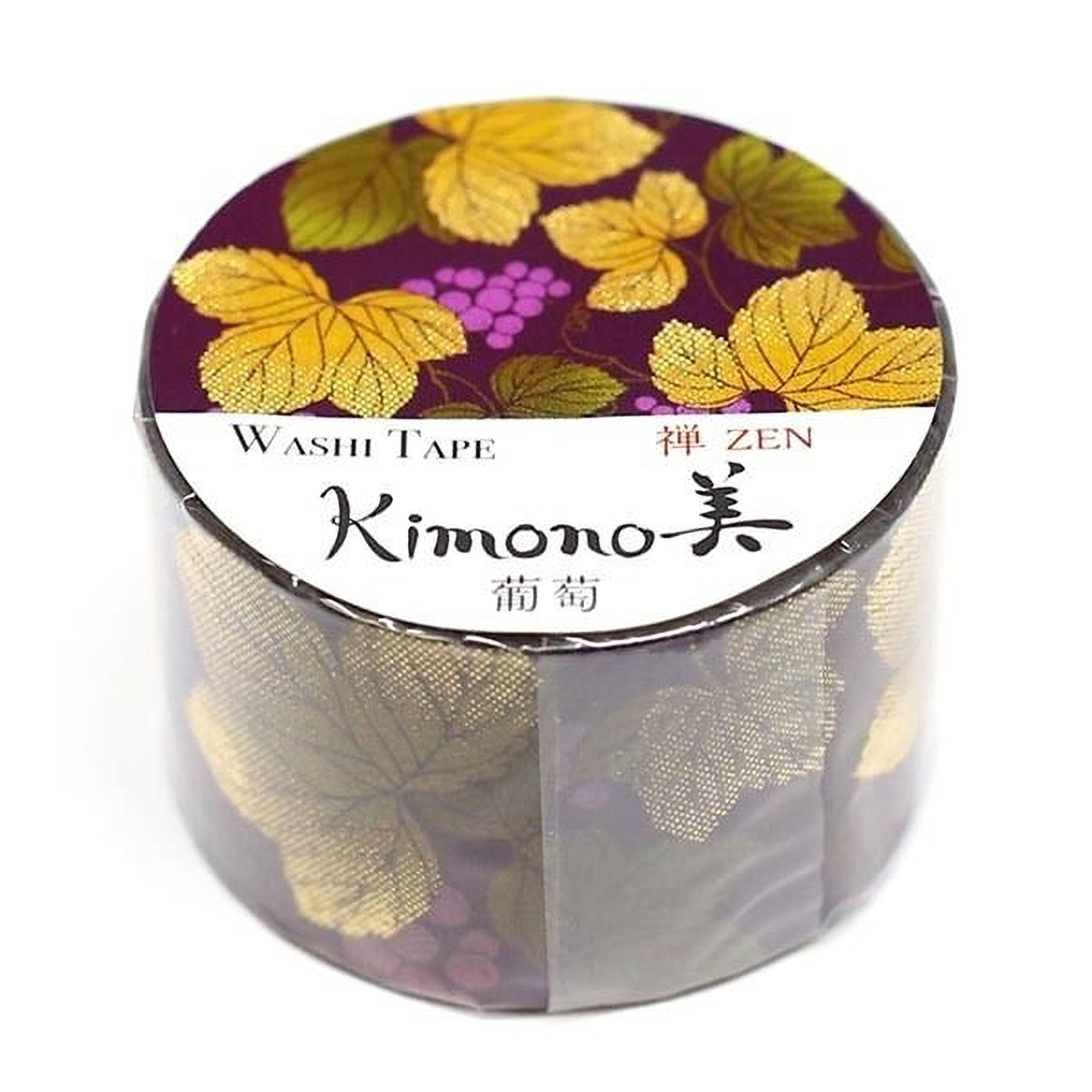 A cylindrical container with a label that reads "Washi Tape Kimono" and "ZEN" in English and Chinese characters. The label also features a design of yellow leaves and purple grapes.