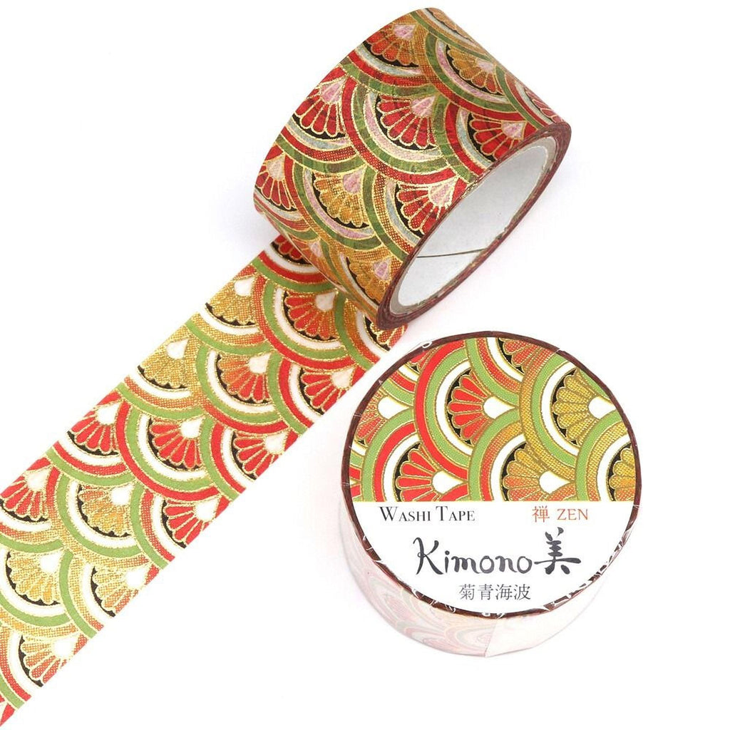 a roll of washi tape with a colorful, repeating pattern of green, orange, and red flowers on it, and a round container with a label that reads "Kimono" and "WASHI TAPE ZEN".