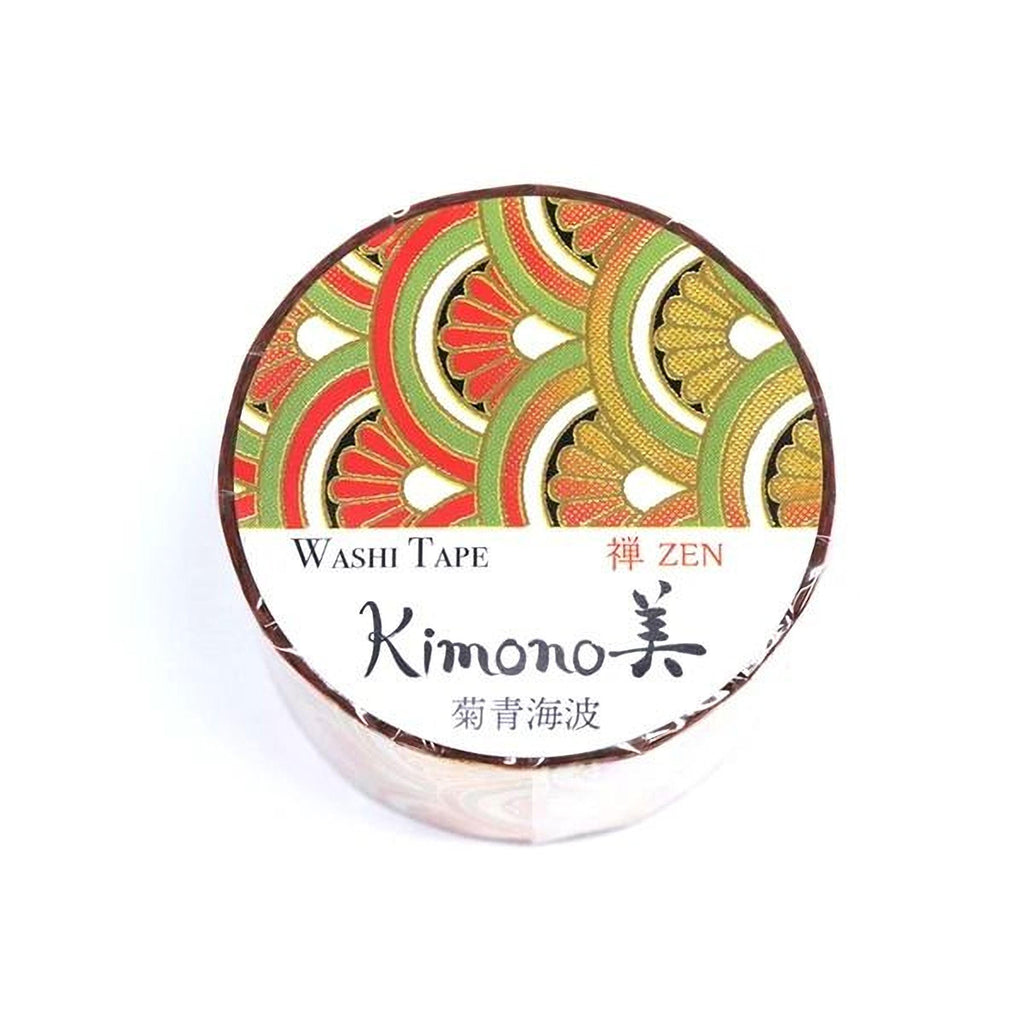 A roll of Washi tape with a colorful, decorative pattern on the top half and the brand name "Kimono" on the bottom half.