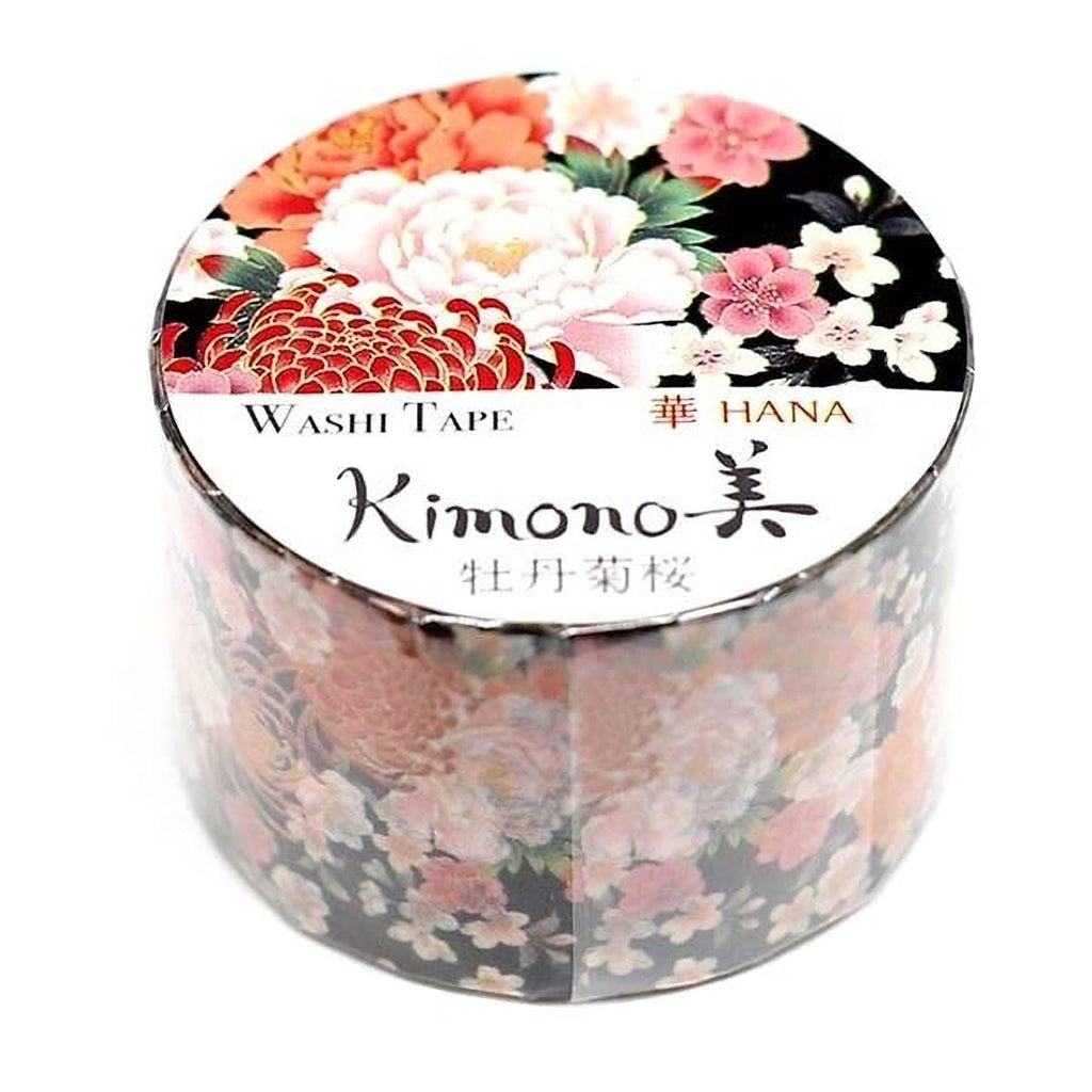 A round container with a floral design, featuring a mix of pink, orange, and white flowers against a black background.