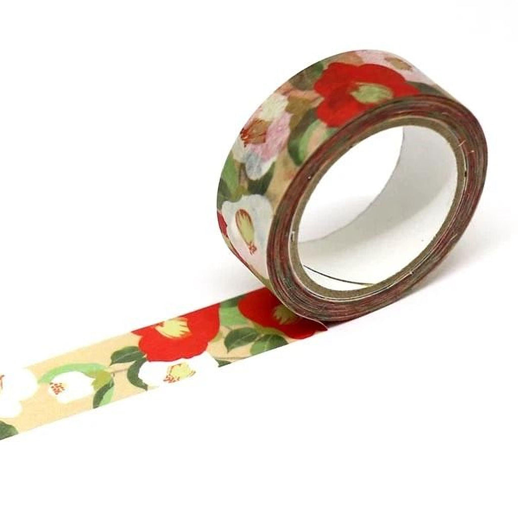 A roll of floral patterned tape is shown against a white background.