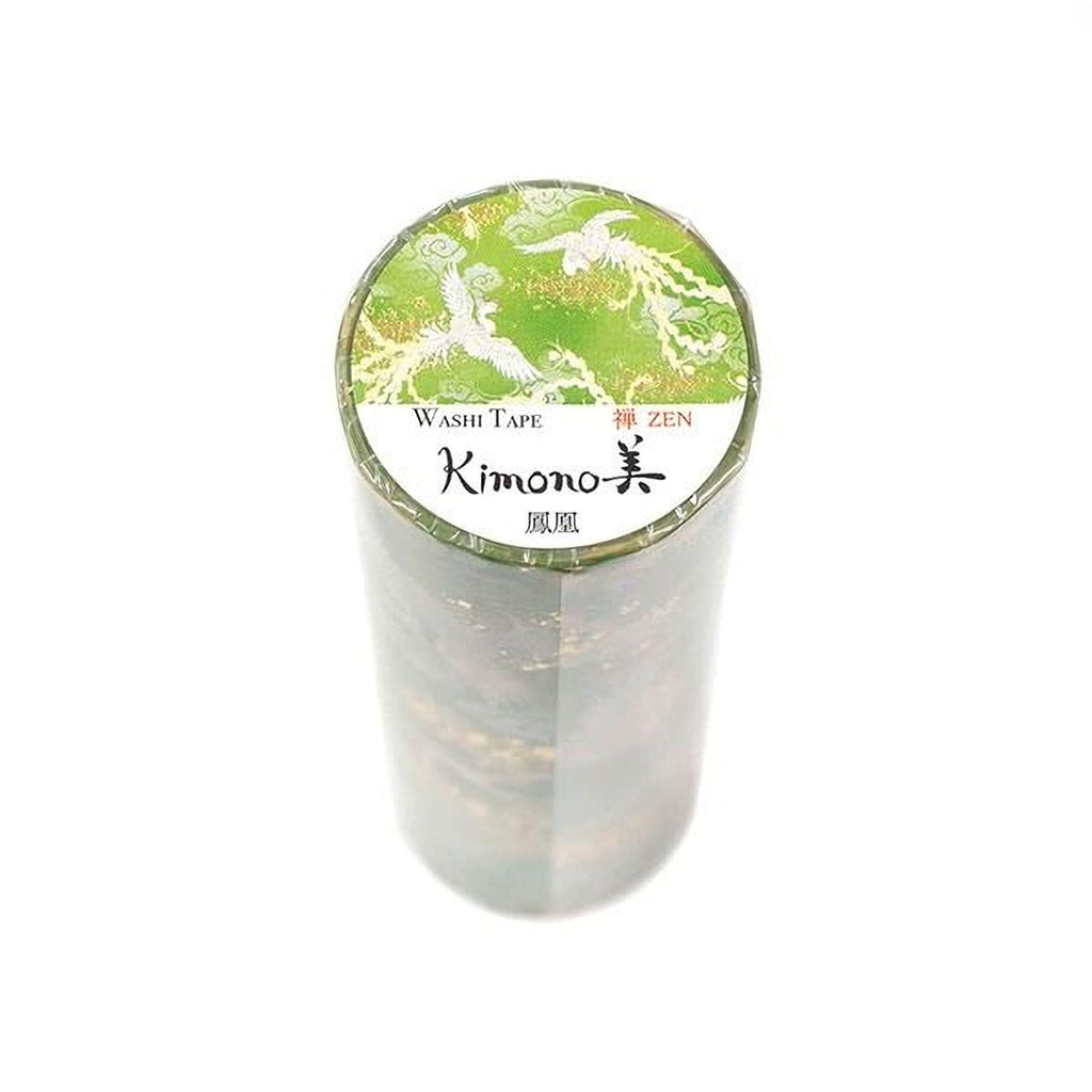 A cylindrical object with a green and white patterned label on top, which appears to be a roll of washable tape.