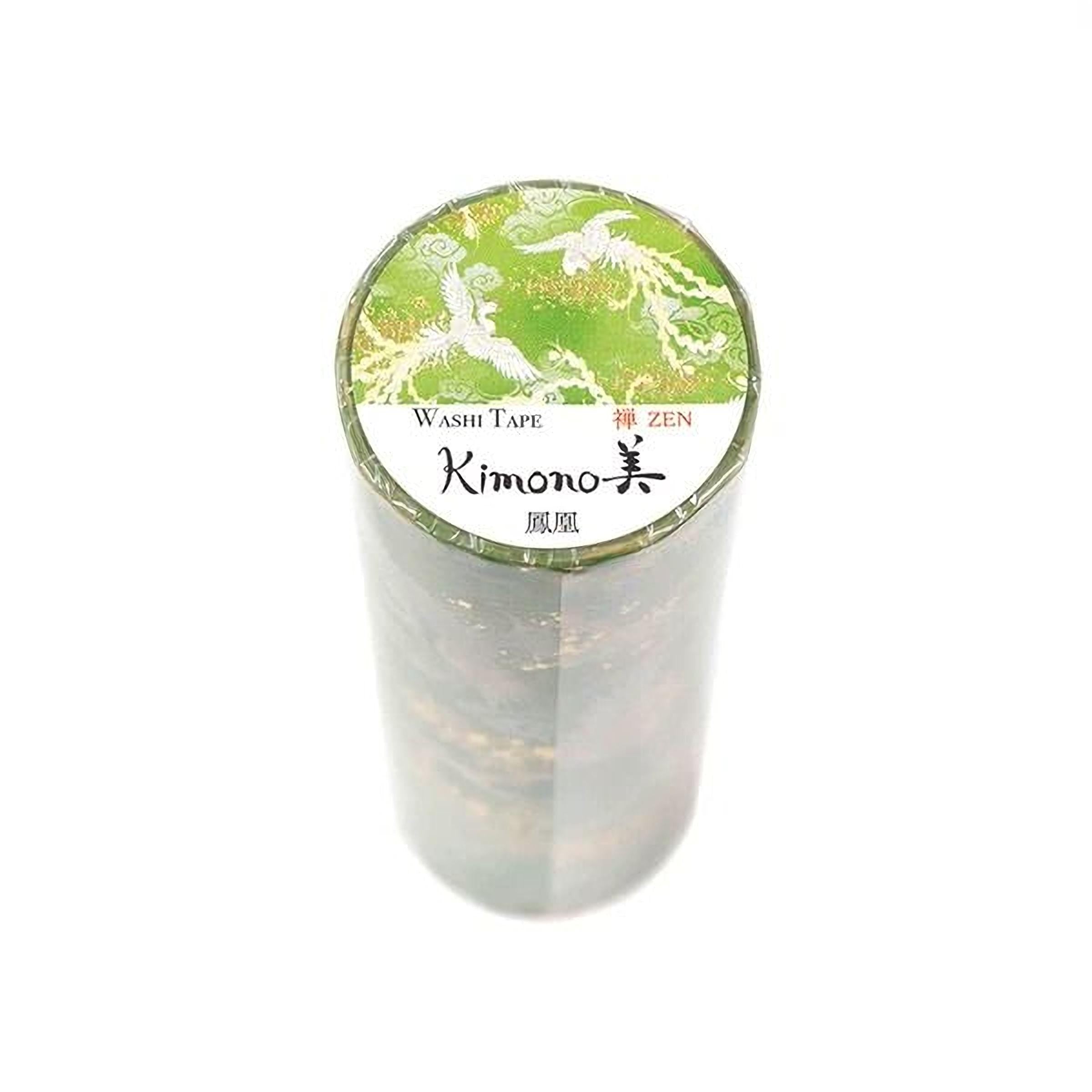 A cylindrical object with a green and white patterned label on top, which appears to be a roll of washable tape.