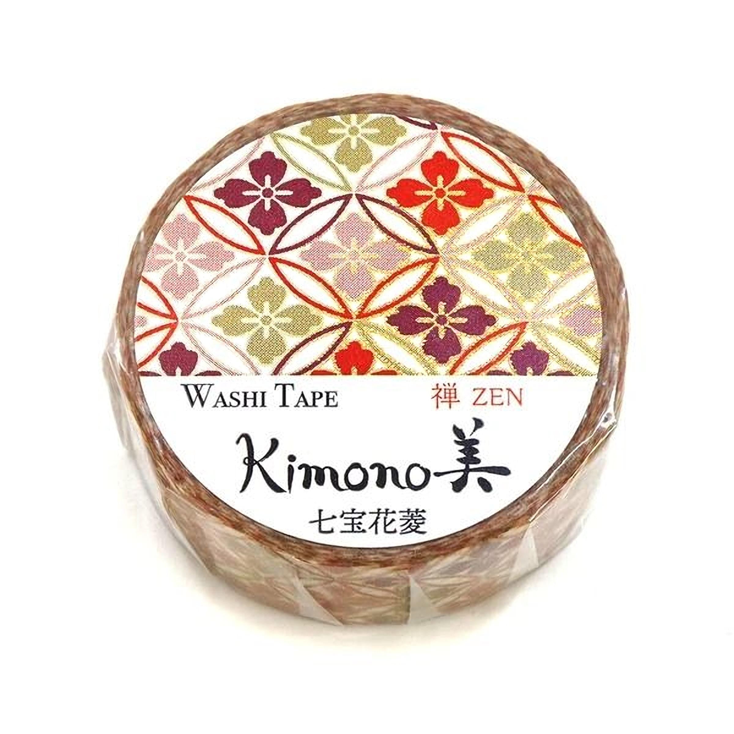 A round, brown, and white washi tape roll with a floral pattern and Japanese text.