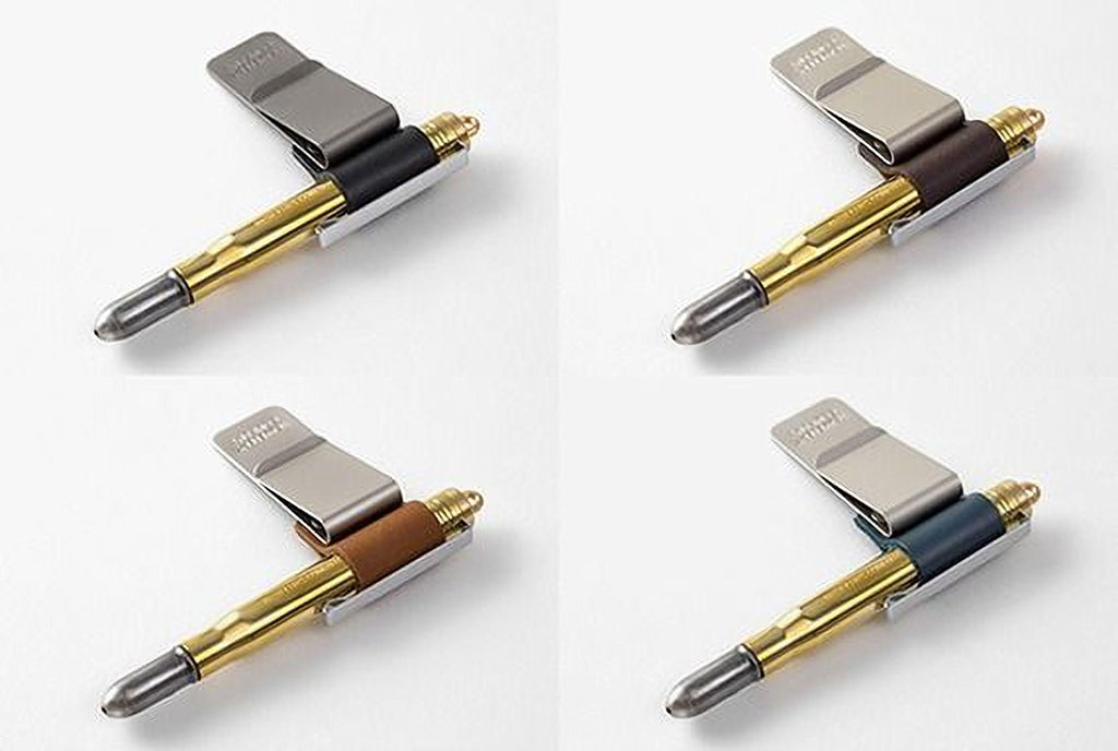 four different pens with clip holders in various colors, including silver, gold, brown, and blue.