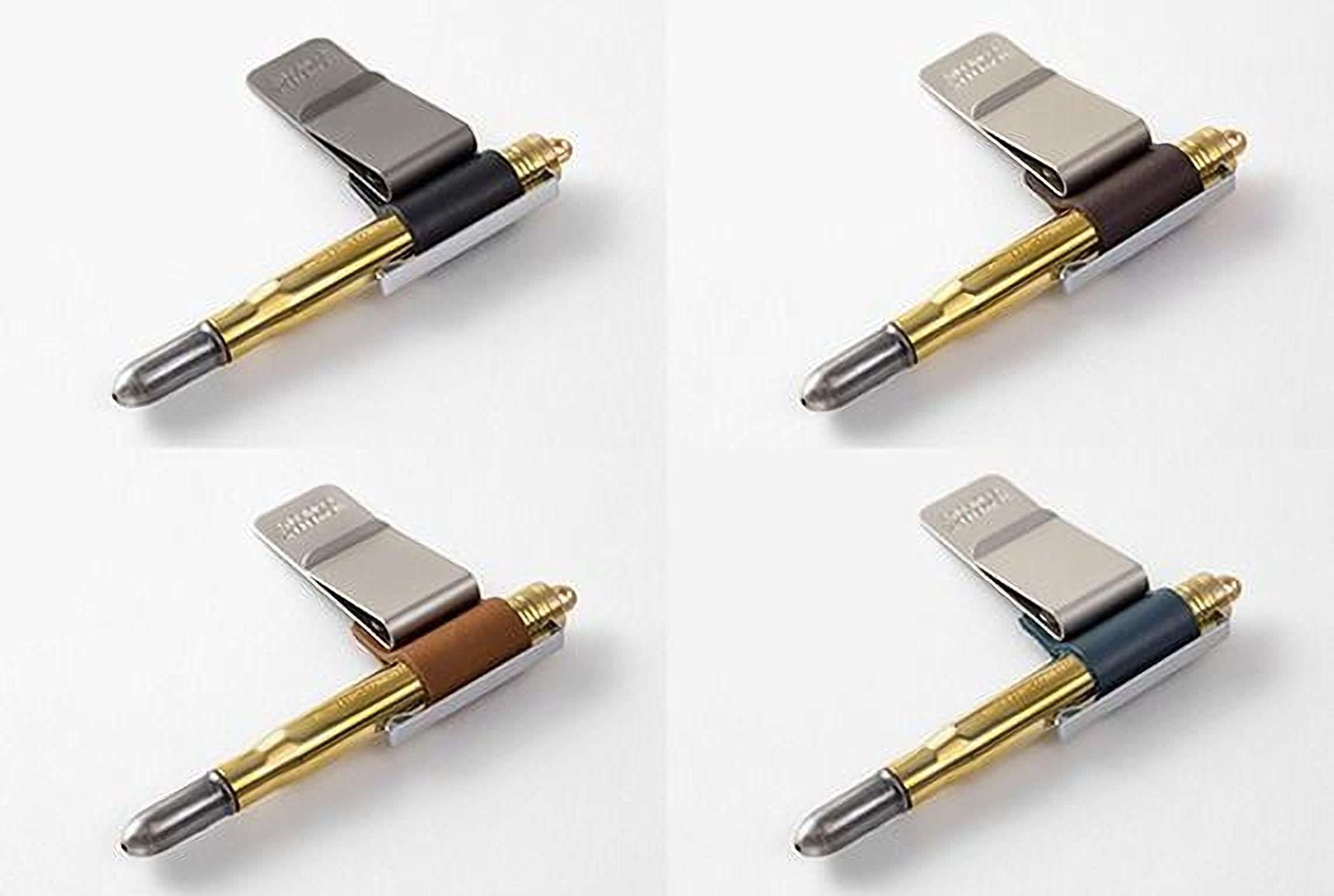 four different pens with clip holders in various colors, including silver, gold, brown, and blue.