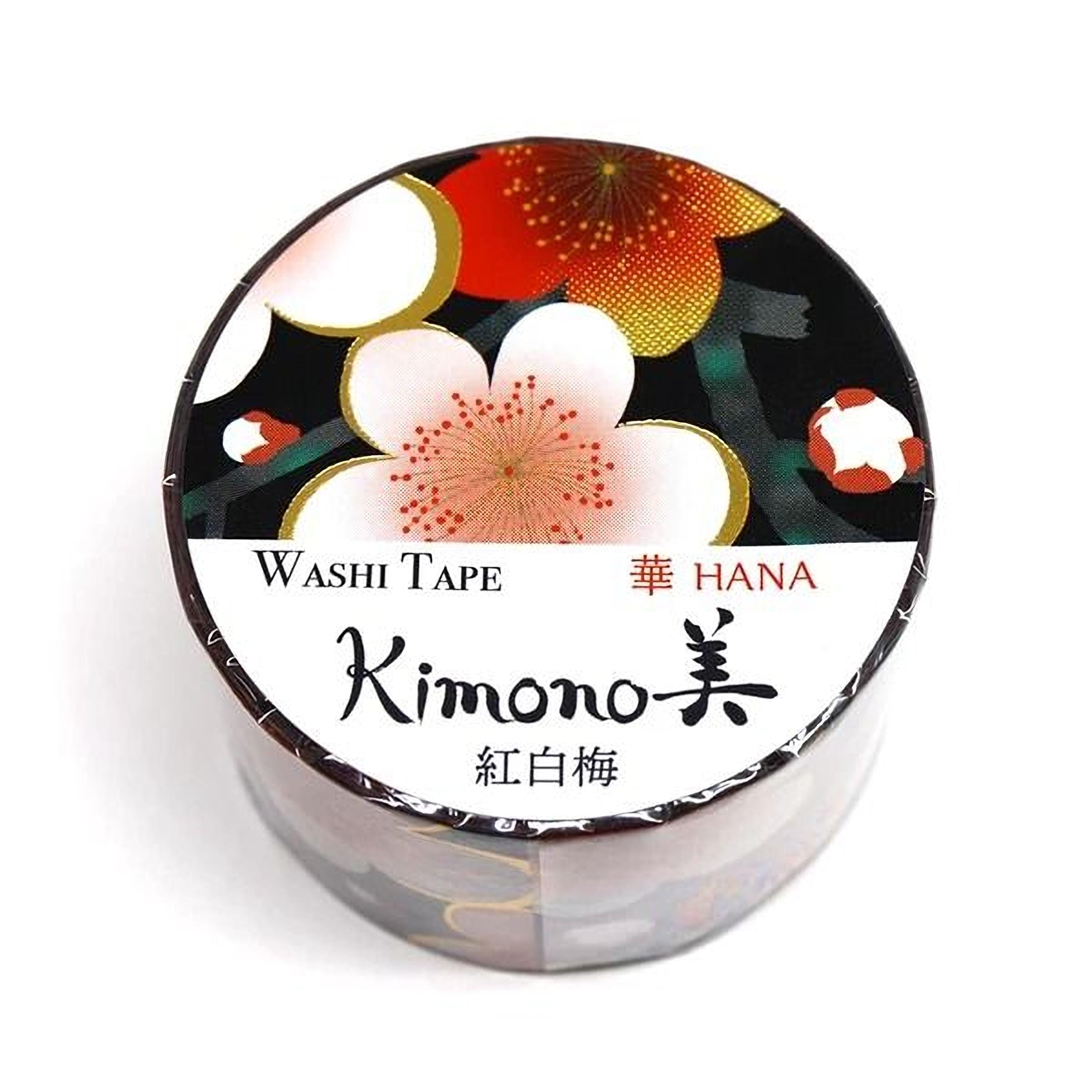 A round container of Washi Tape featuring a floral design with red, white, and yellow flowers.