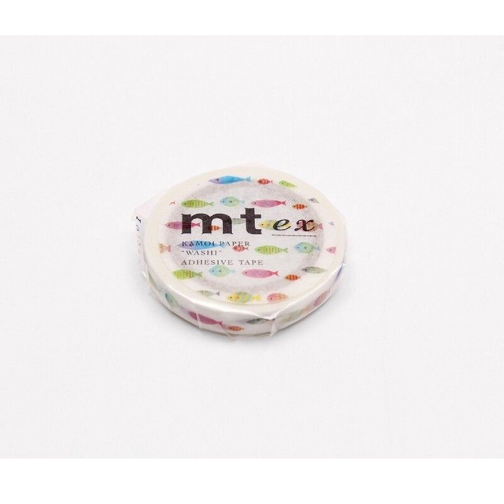A roll of colorful fish-themed tape is shown against a white background.