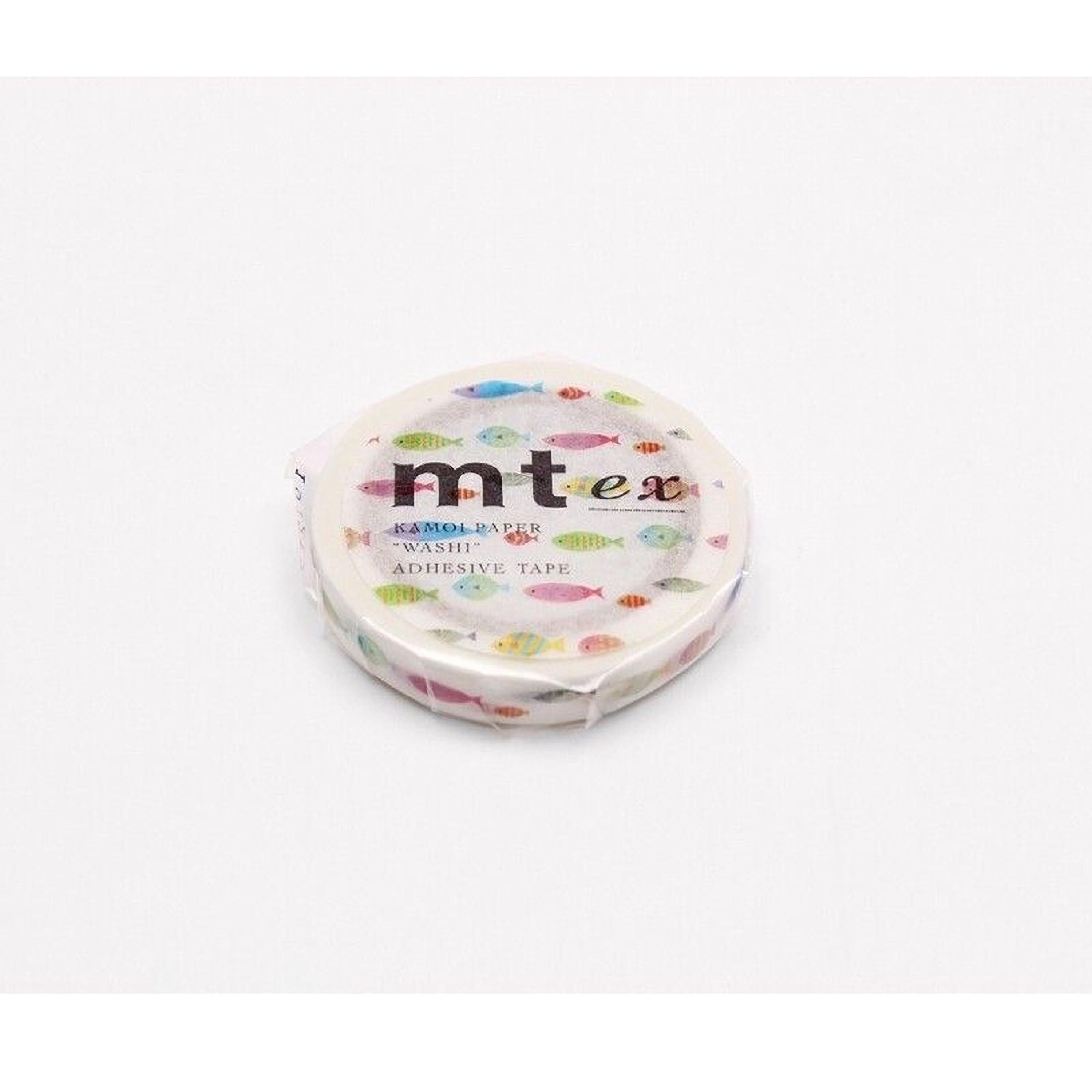 A roll of colorful fish-themed tape is shown against a white background.