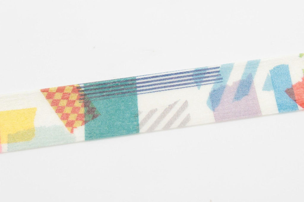 A colorful, abstract pattern of various shapes and colors on a white background.