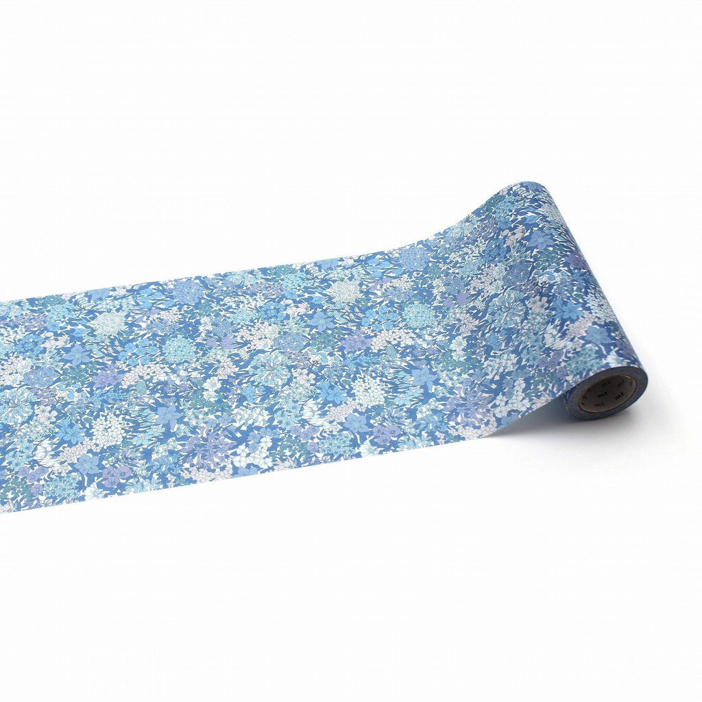 A roll of blue and white floral patterned paper is shown against a white background.