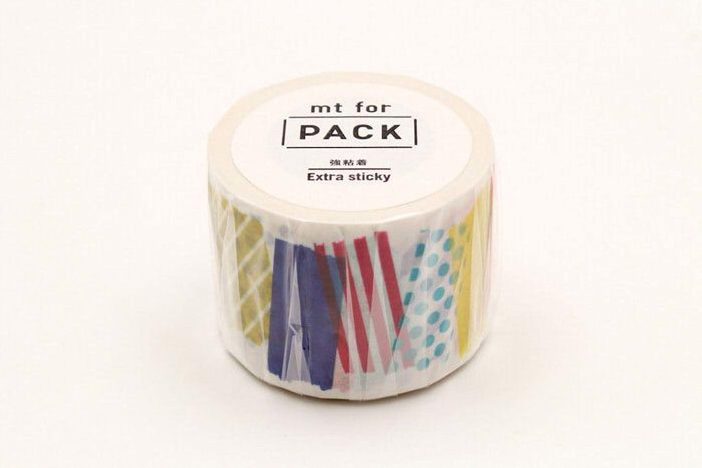 A roll of colorful tape with a label that says "mt for PACK" and "Extra sticky".