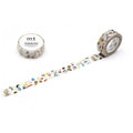 a roll of colorful children's character-themed tape and a round container of the same tape.