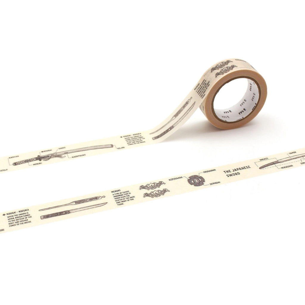 a roll of tape with a repeating pattern of Japanese sword illustrations on it.