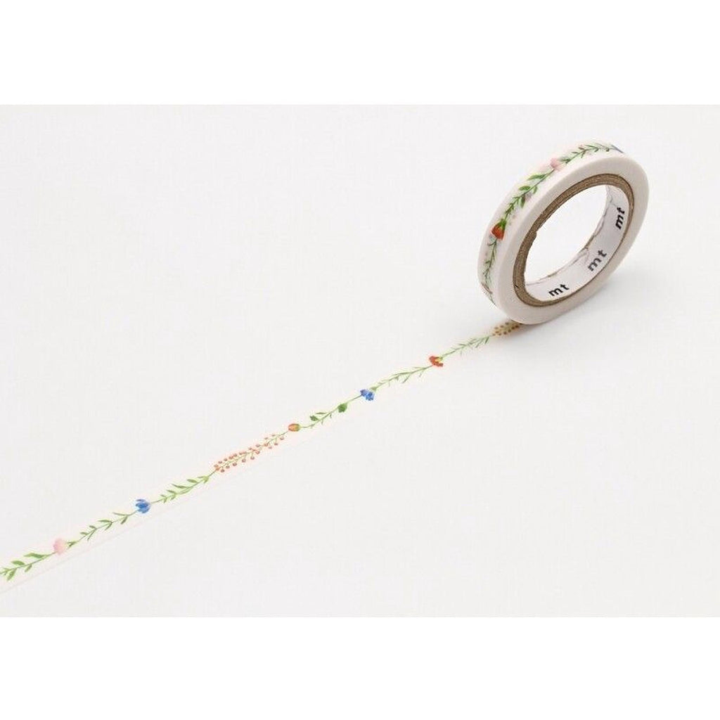 A roll of floral patterned tape is lying on a white surface, with a decorative pattern of leaves and flowers on it.