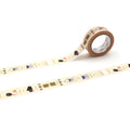 a roll of beige tape with a repeating pattern of various objects, such as a person, a hat, and a scarf.