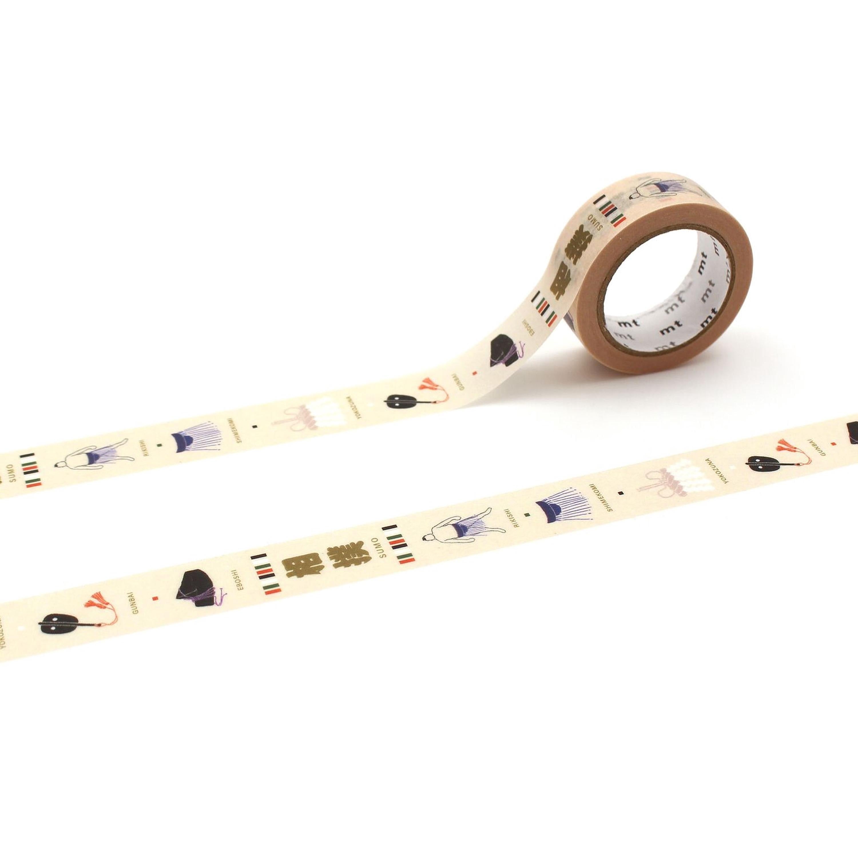 a roll of beige tape with a repeating pattern of various objects, such as a person, a hat, and a scarf.